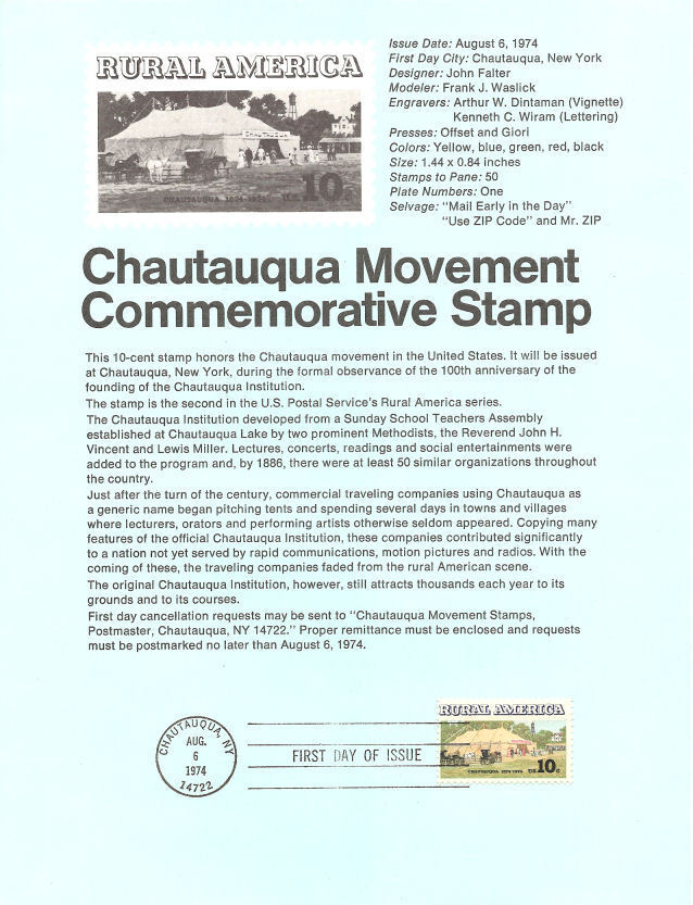 #1505 10c  Chautauqua Movement Usps #7414 Souvenir Page