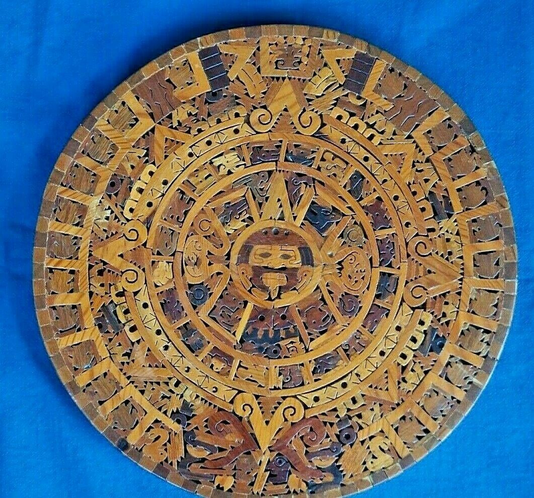 Mexican Alphonse Jurado E Hijos Handmade Wooden Aztec Sun Calendar