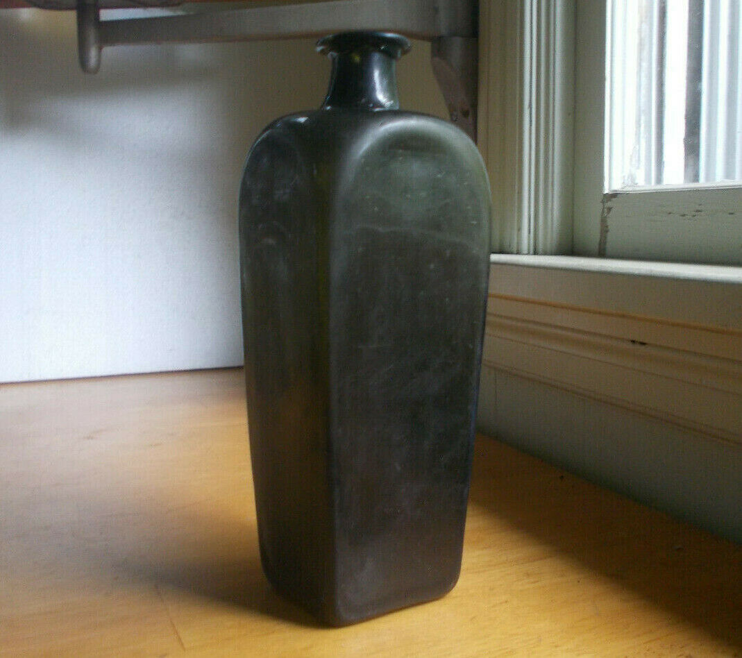 1850s Dip Mold Blown 9" Blackglass Case Gin Bottle Crude Flared Lip Smooth Base