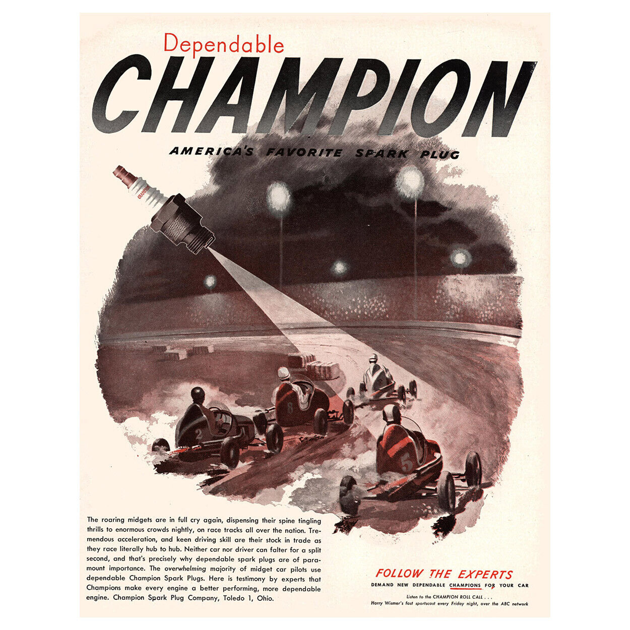 1947 Champion Spark Plugs: Roaring Midgets Are In Full Cry Vintage Print Ad