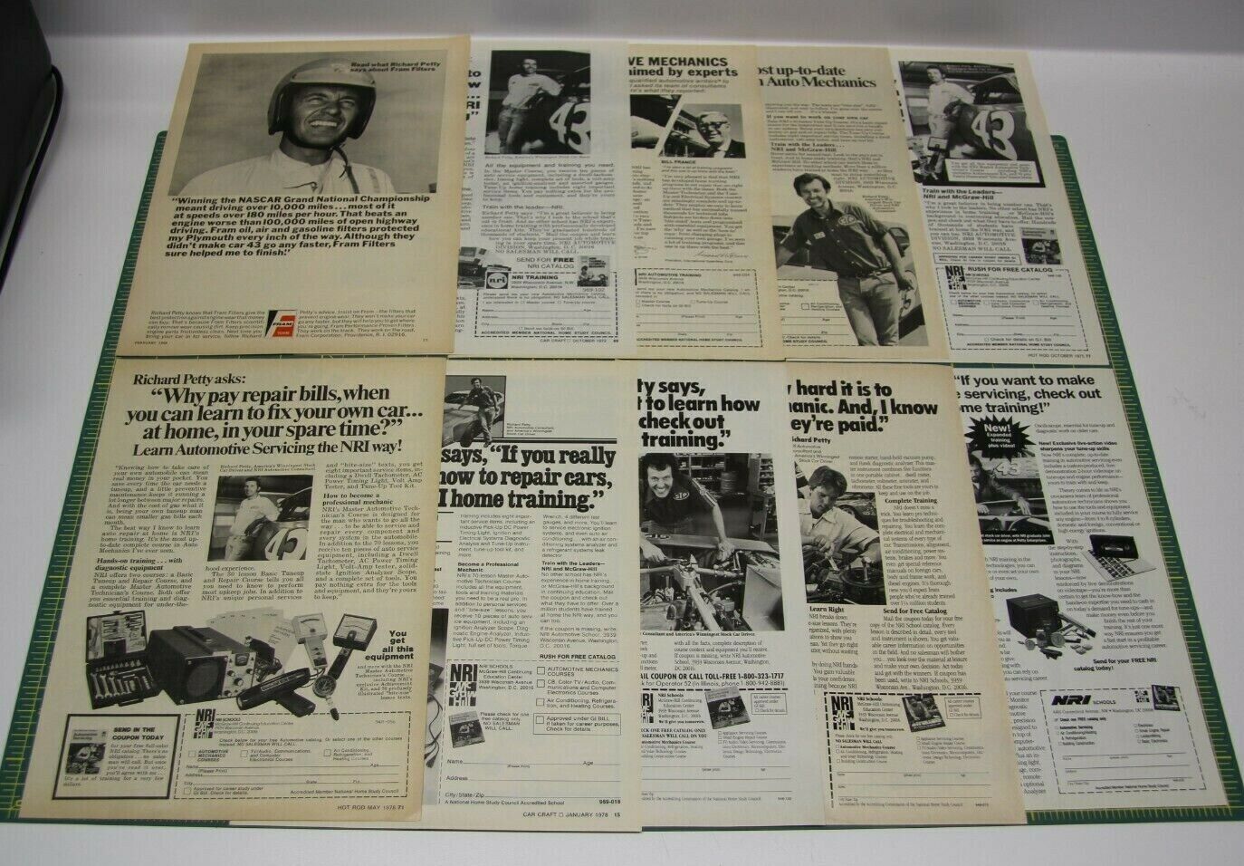 1968-1978 Richard Petty 10 Ad Lot Vintage Magazine Advertisement Nri School Fram