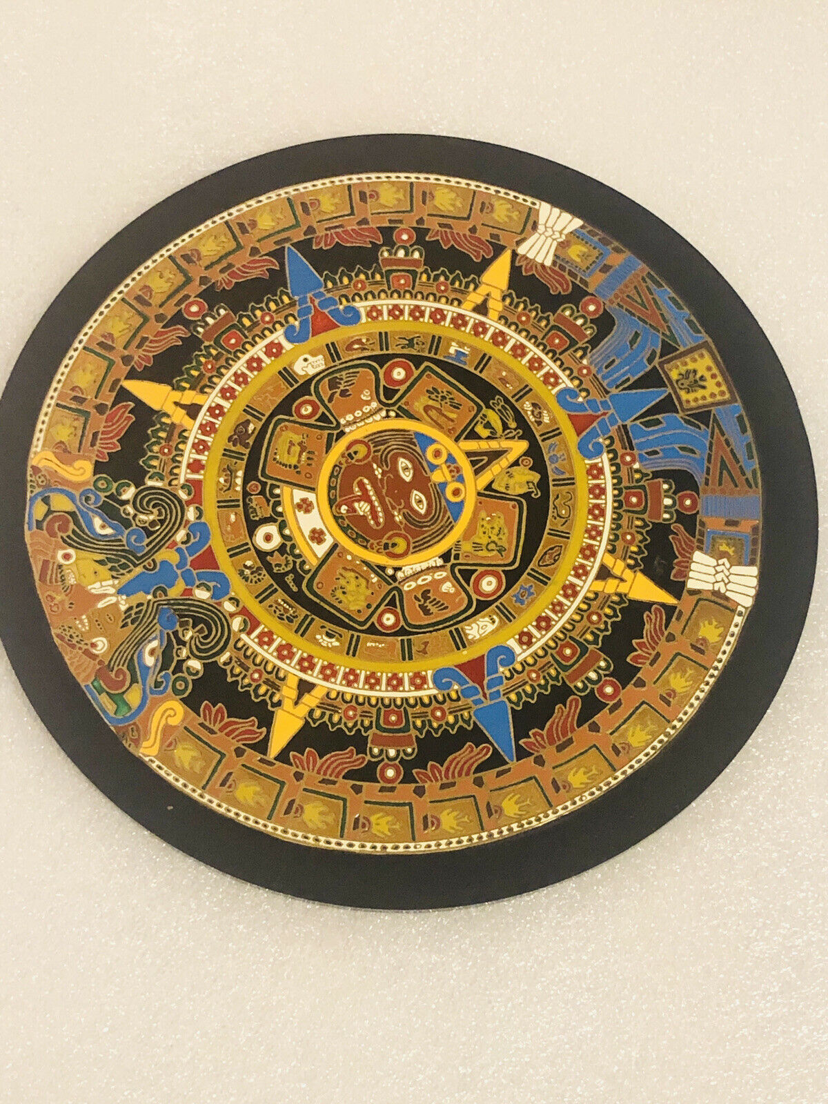 Vintage Sun Stone Aztec Calendar Wall Hanging  Plaque Enamel Gold 9”