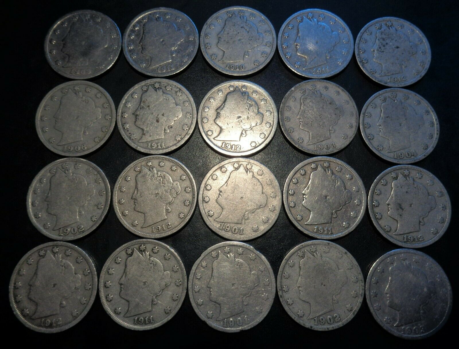 Lot #2) 20 Nice Mixed Date 1900's Liberty Head V Nickel Coin Lot Nr Auction!