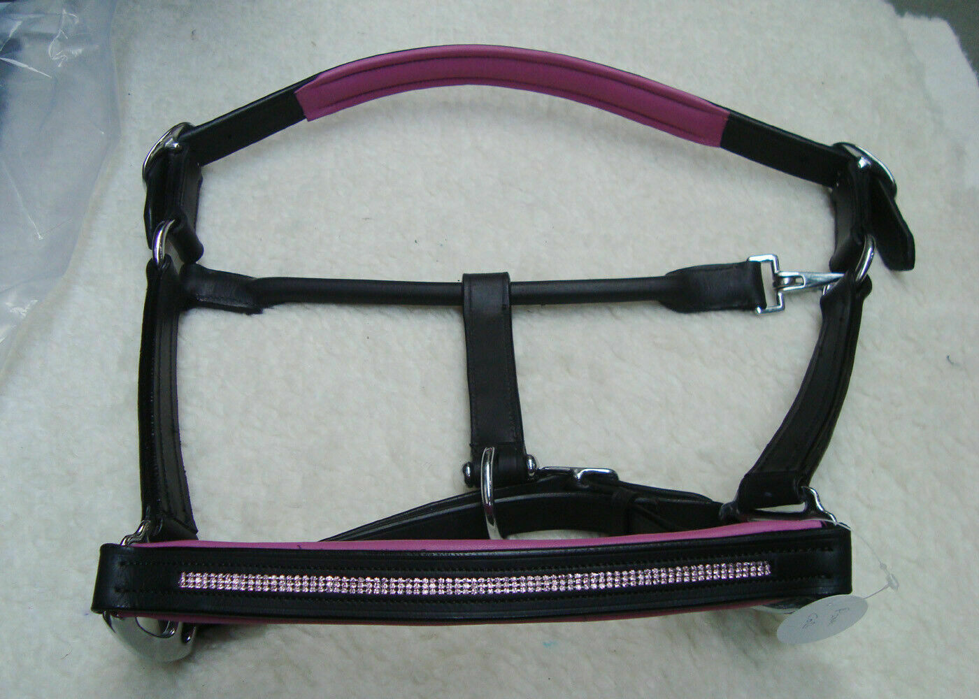 Adams-tack Fuchsia Pink Padded Black Leather Horse Halter / Headcollar