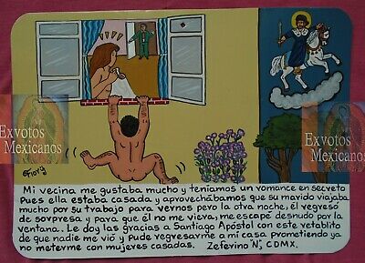 Ex-voto Man Almost Gets Caught In His Infidelity And Escapes Naked Handpainting