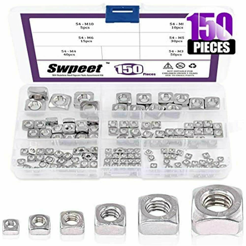 150pcs 304 Stainless Steel 6 Sizes Metric Square Nuts Assortment Kit, Machine -