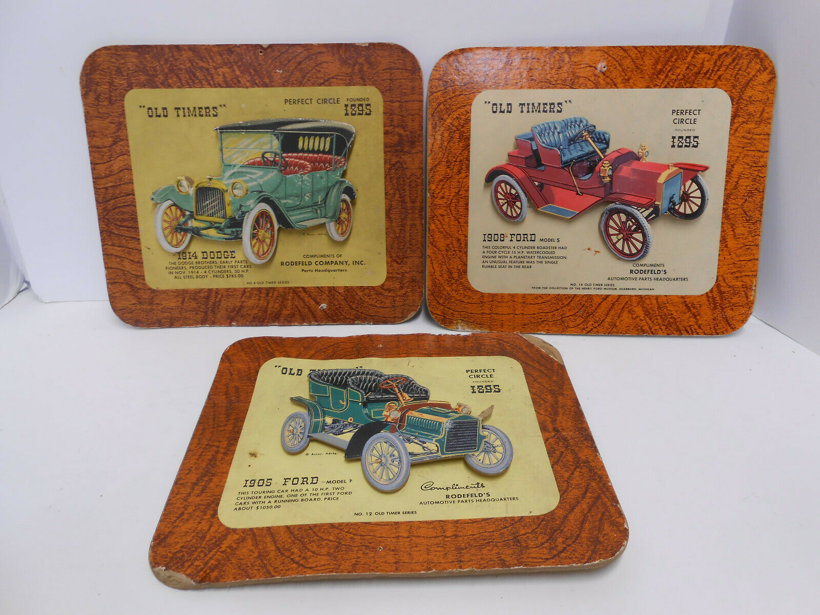 3 Pc. 3d Car Signs, Old Timers Perfect Circle Rodefelds Auto Parts