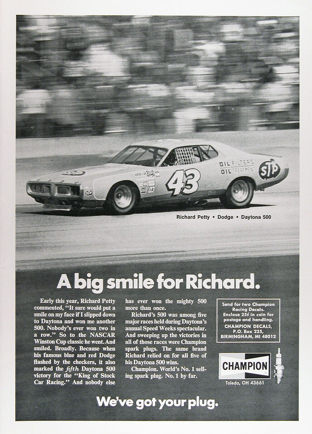 1974 Champion Plugs Authentic Vintage Ad ~ Richard Petty Daytona 500