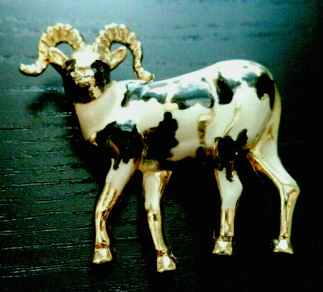 Vintage Gold Tone Enamel Black White Piebald Goat Ram Animal Brooch Pin 2 1/8"