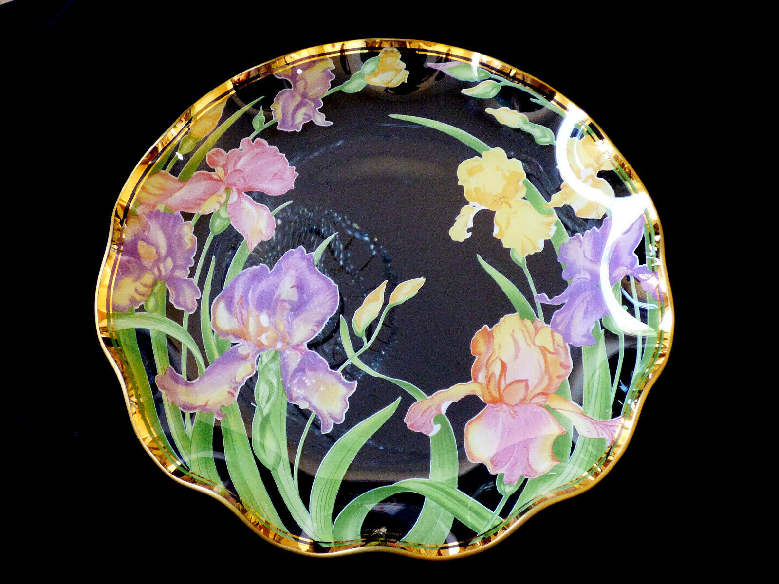 Vtg 1989 Lefton Iris Floral On Clear Ruffled Glass Platter Bowl 11"