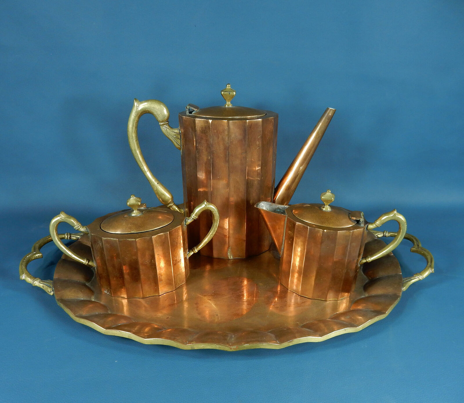 Vintage Hand Crafted Mexican Studio Copper & Brass Coffee Tea Service W/ Tray