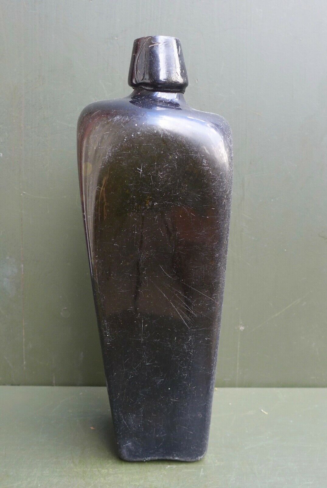 Nice Antique Dark Green Glass Square Gin Bottle Dutch Or English 18th/19th C.