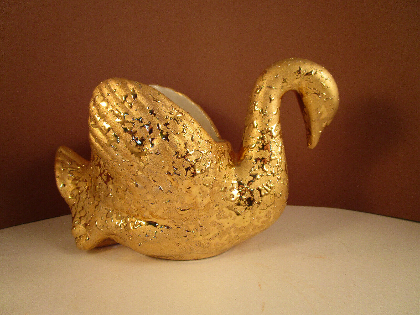 Vintage Hand Decorated Usa 22k Weeping Bright Gold Swan Candy Nut Dish