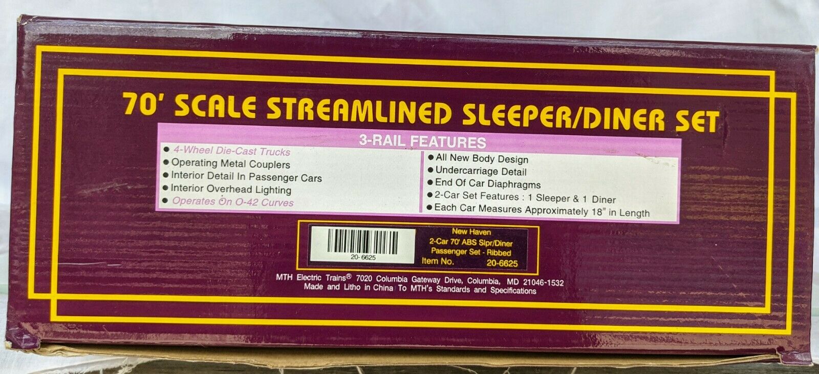 Mth 20-6625 New Haven 70' Scale Streamlined Abs Ribbed 2 Cars Sleeper/diner Nib